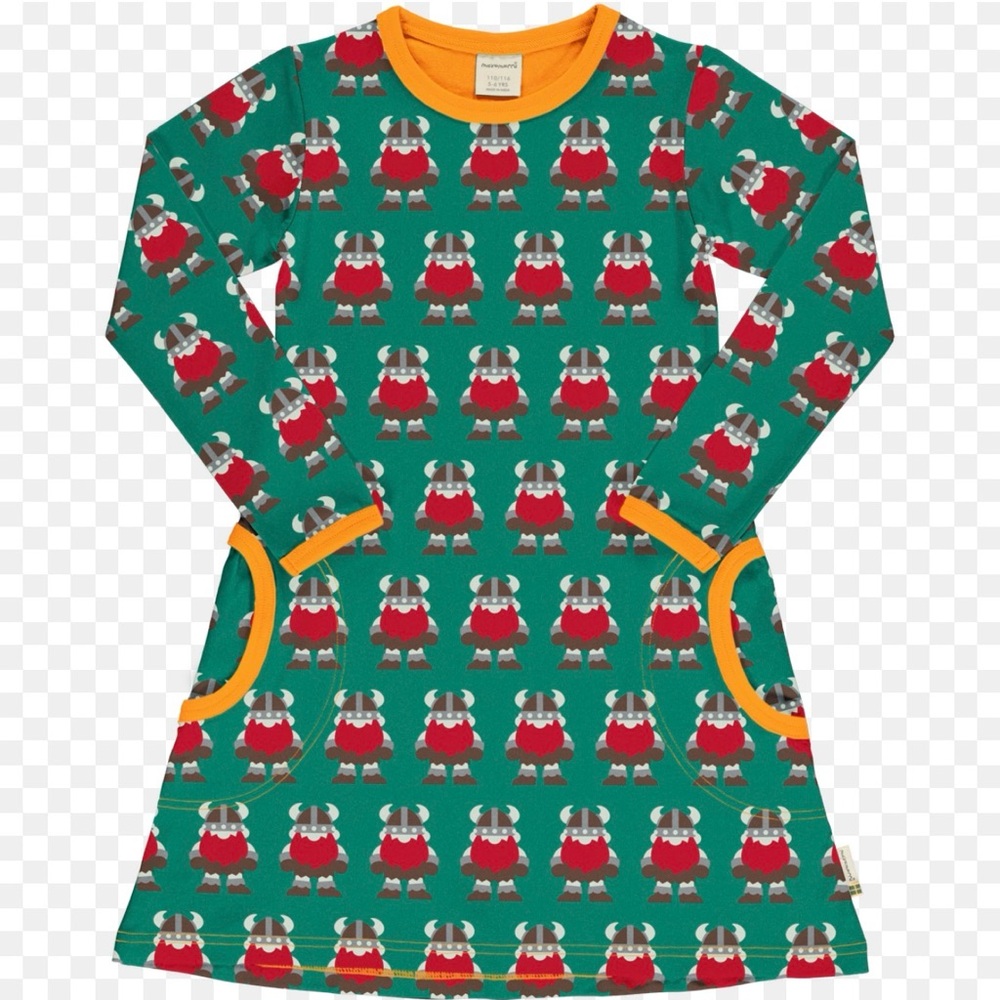 Maxomorra Green and Red Viking Print Dress Sz 110/116cm